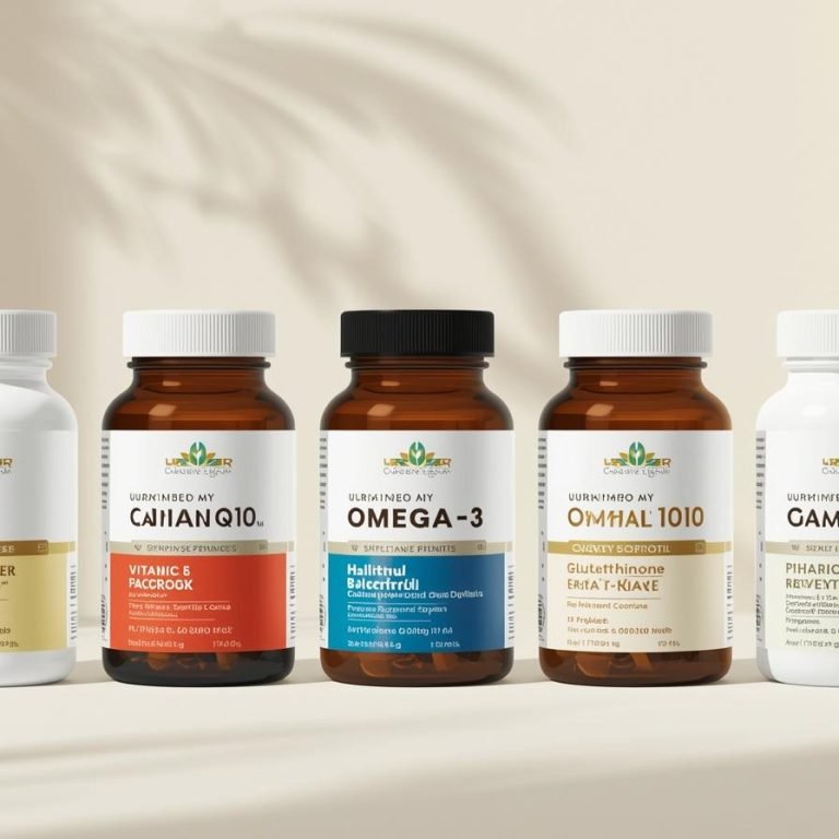 A continuación, te presentamos cinco suplementos _Vitamina C y E_ _Coenzima Q10_ _Omega-3_ _Resveratrol_ _Glutatión_