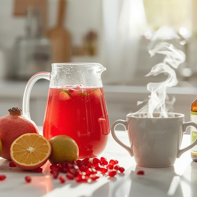 MESA CON JUGO DE GRANADA, TE VERDE Y PROBIOTICOS EN UNA COCINA MUY BONITA