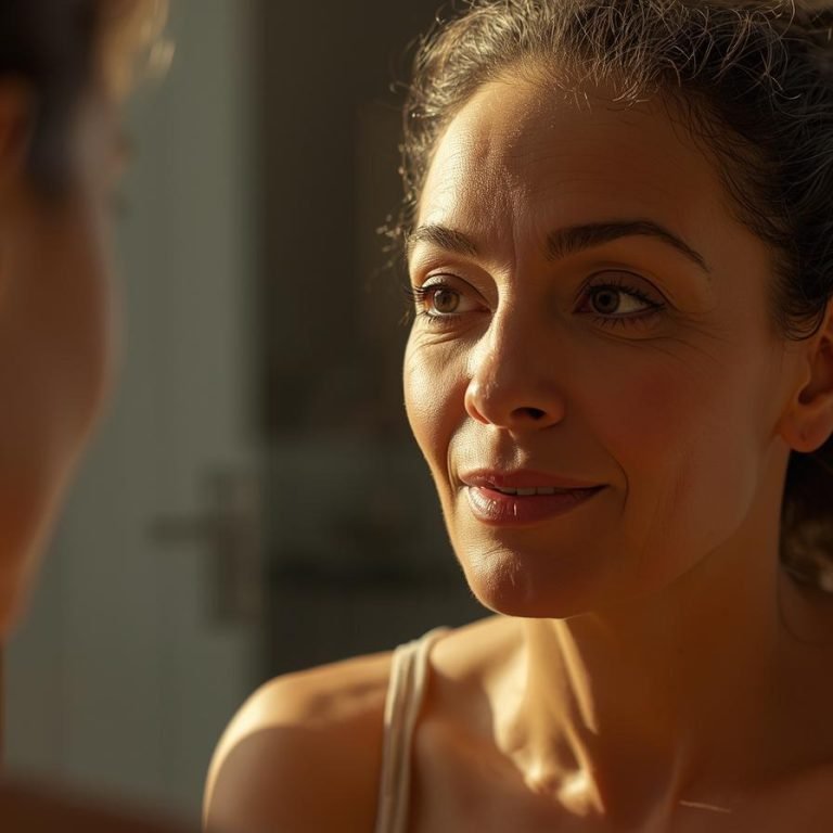 MUJER MADURA POR LA MAÑANA CON PIEL HERMOSA VIENDO AL ESPEJO