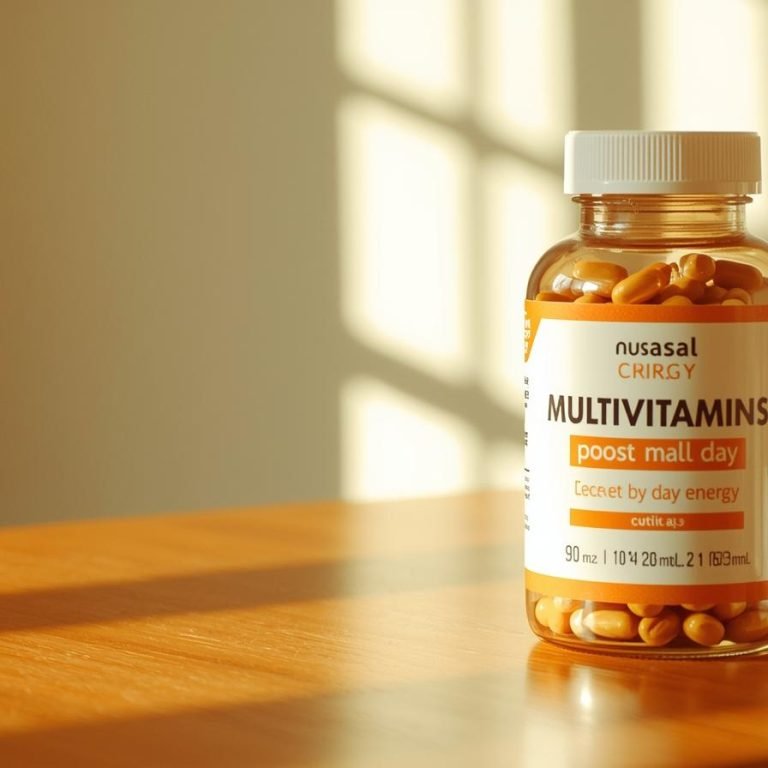 Multivitamínicas para Energía Todo el Día un frasco n la mesa