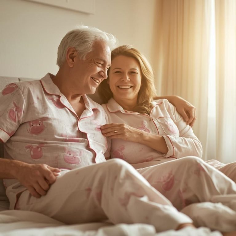 UNA PAREJA MAYOR DE 46 AÑOS DESPERTANDO POR LA MAÑANA con una pijama linda luz de dia por la ventana llenos de energia y felices