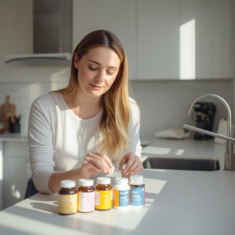 dame suplementos en frascos en una cocina muy bonita y una mujer tomandolos