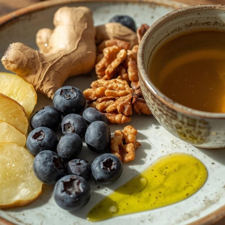 en un plato en la mesa con jengibre, arándanos aceite de oliva, nueces , te verde (1)