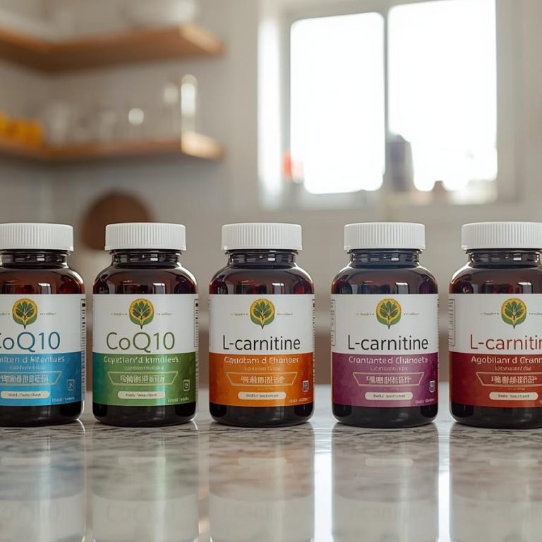 frascos con estos suplementos CoQ10 vs L-carnitina en la cocina de casa