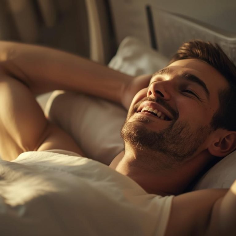 hombre por la mañana despertando contento y feliz