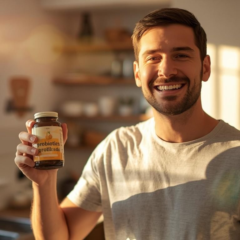 hombre por la mañana feliz en la cocina con probioticos