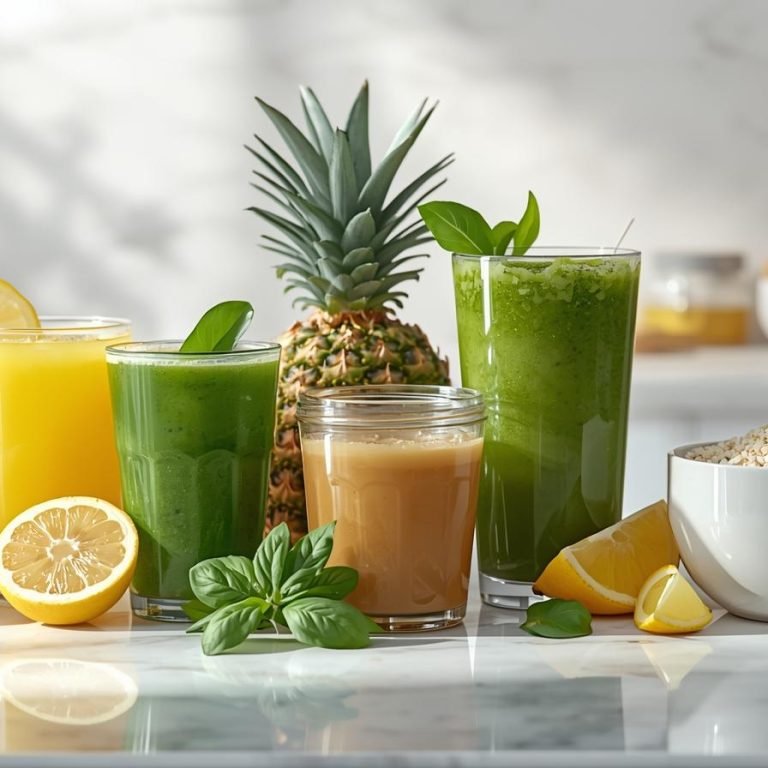 jugos de jengibre con limon, clorofila, te verde, jugo piña y espinaca y cafe con aceite de coco todos en la barra de marmol de una cocina