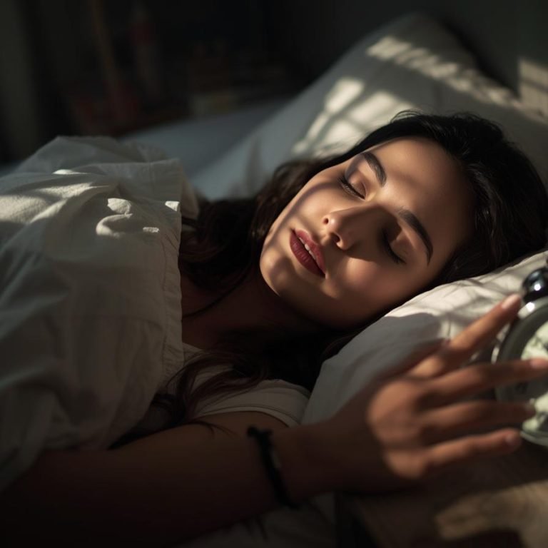 mujer acostada en su cama un un reloj despertador que marca las 6 am y la mano apagando la alarma del reloj y la mujer sigue acostada