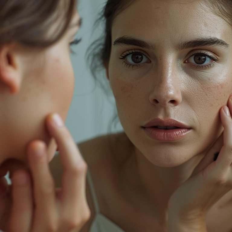 mujer con manchas en la piel viéndose en el espejo