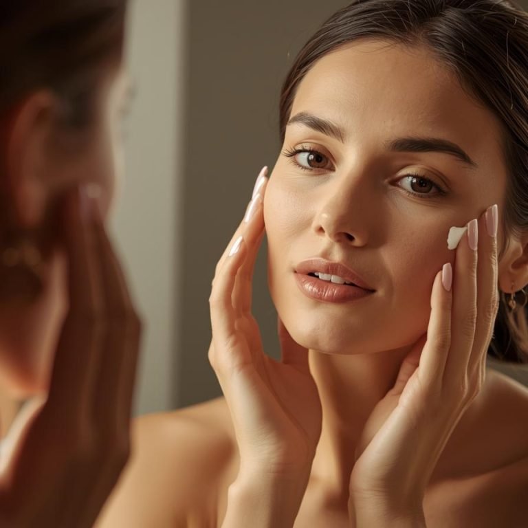 mujer frente al espejo aplicando crema para las arrugas