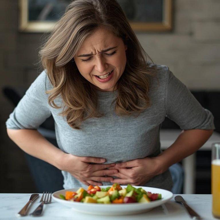 mujer terminando de comer con dolor de panza