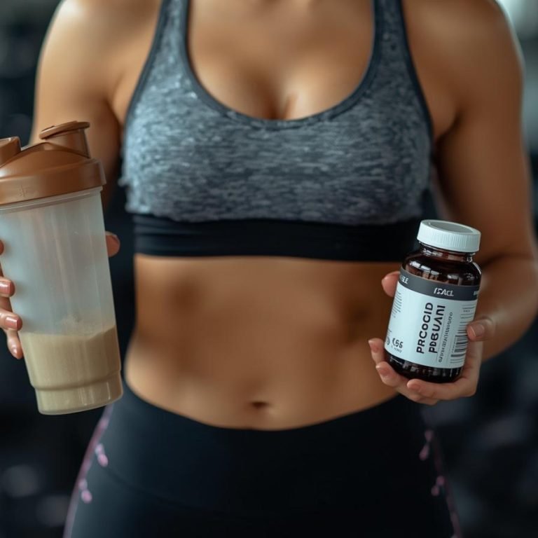 mujer tomando suplementos , haciendo ejercicio y tomando proteina