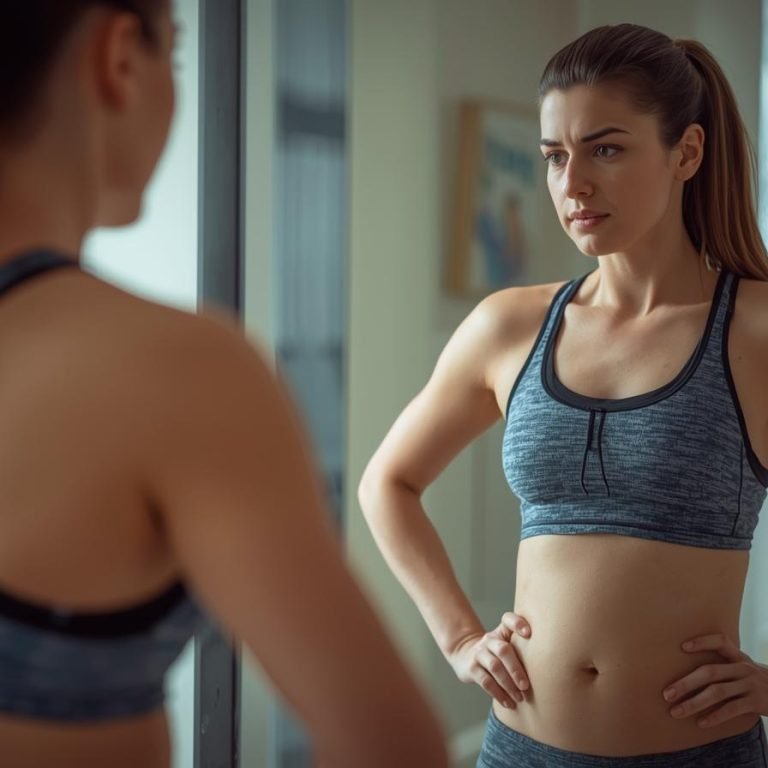 mujer viendose al espejo con abdomen inflamado vestida con ropa deportiva