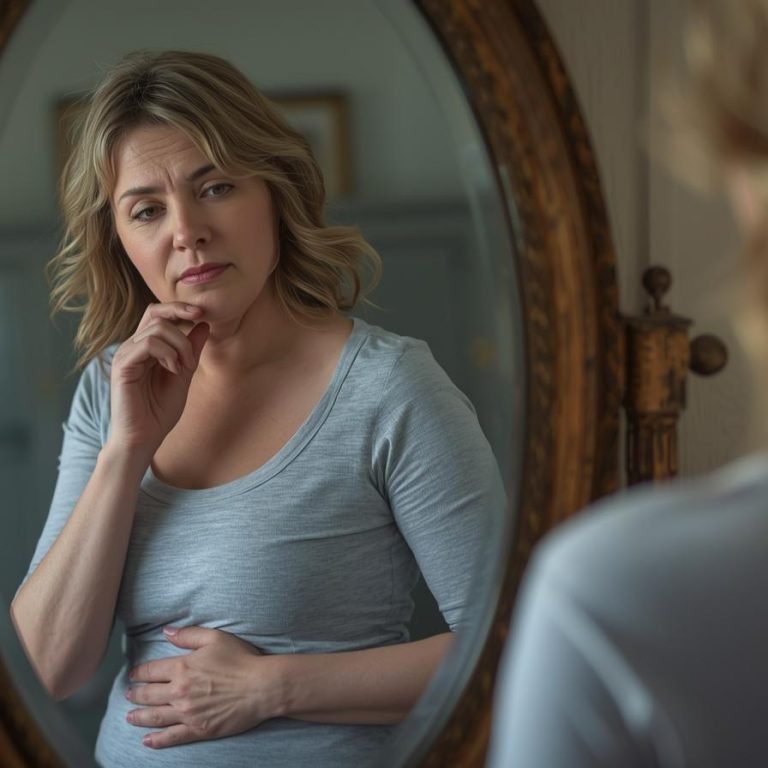 mujer viéndose al espejo sintiéndose inflamada