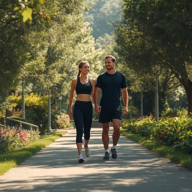 pareja caminando en ropa deportiva por sendero