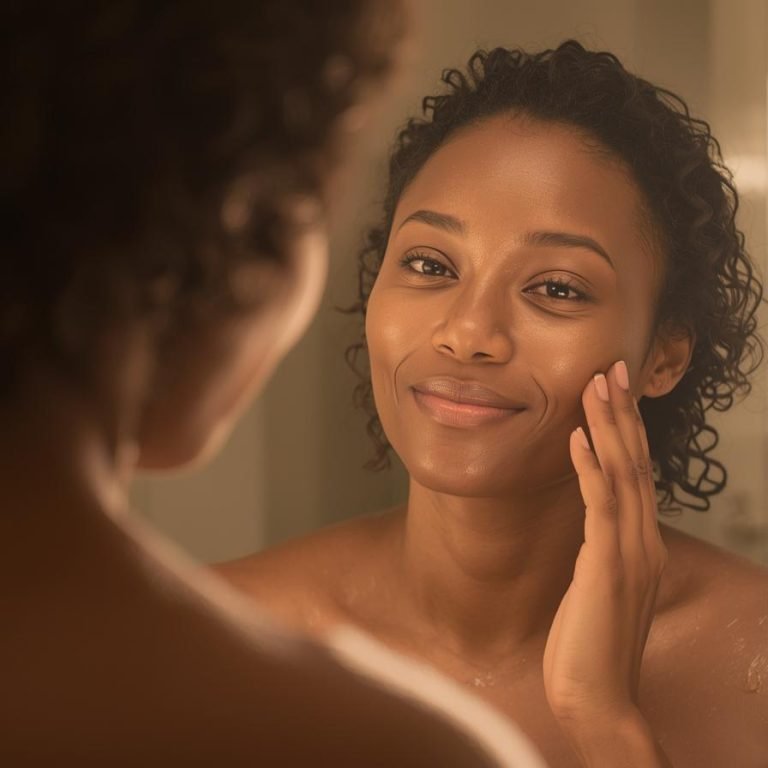 pareja de 35 años frente al espejo después del baño con una piel luminosa y radiante