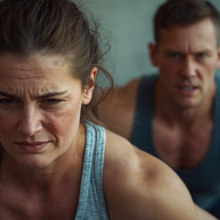 pareja de adultos haciendo ejercicio con cara de cansados