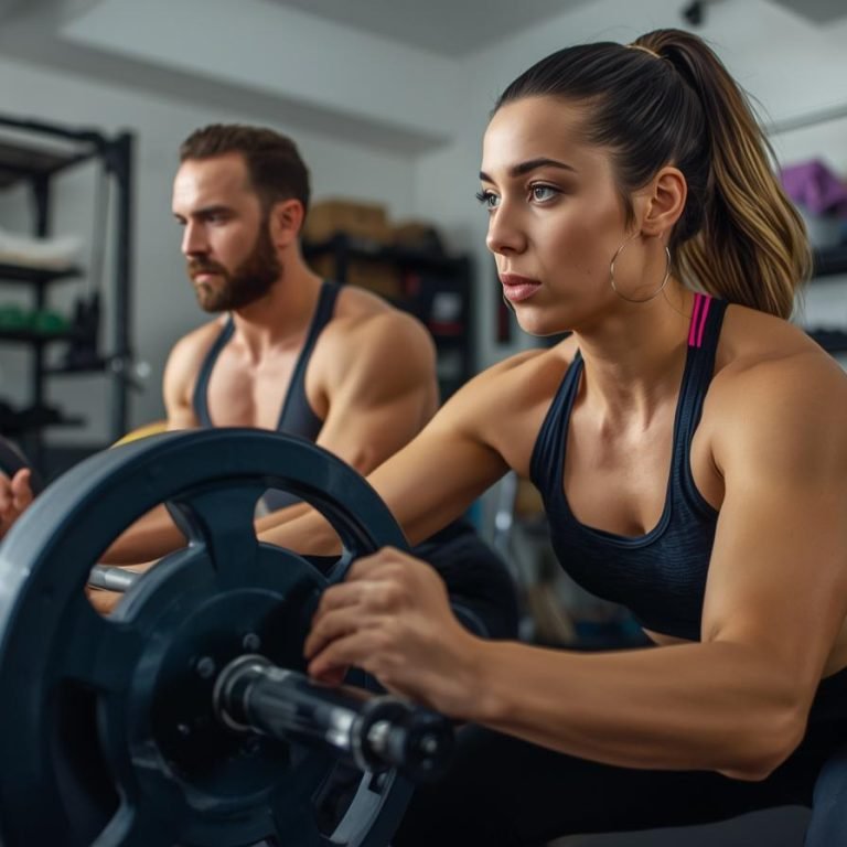 pareja en su casa en la cochera haciendo ejercicio de fuerza