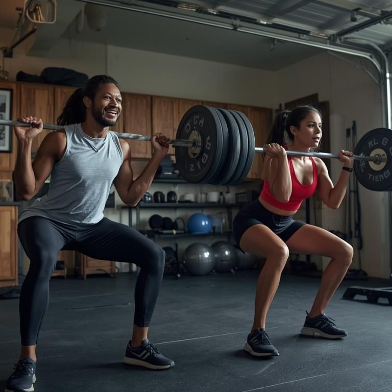 pareja en su casa en la cochera haciendo ejercicio de fuerza