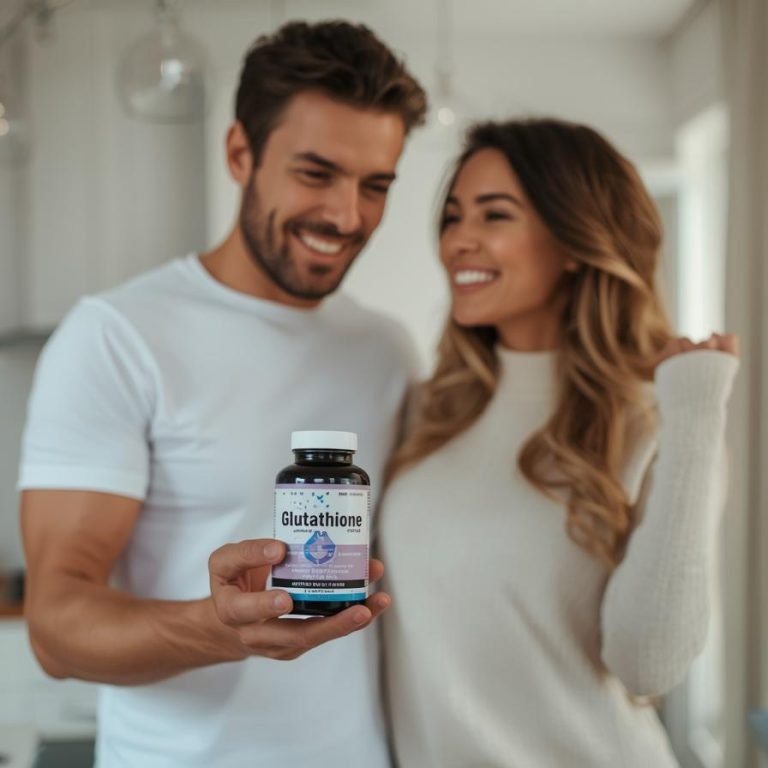 pareja que toma suplementos en su cocina como Glutatión.