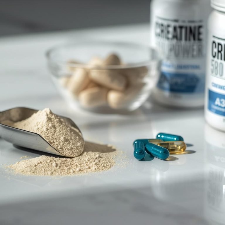 suplemento de creatina en polvo y en capsula en la mesa o en una cocina