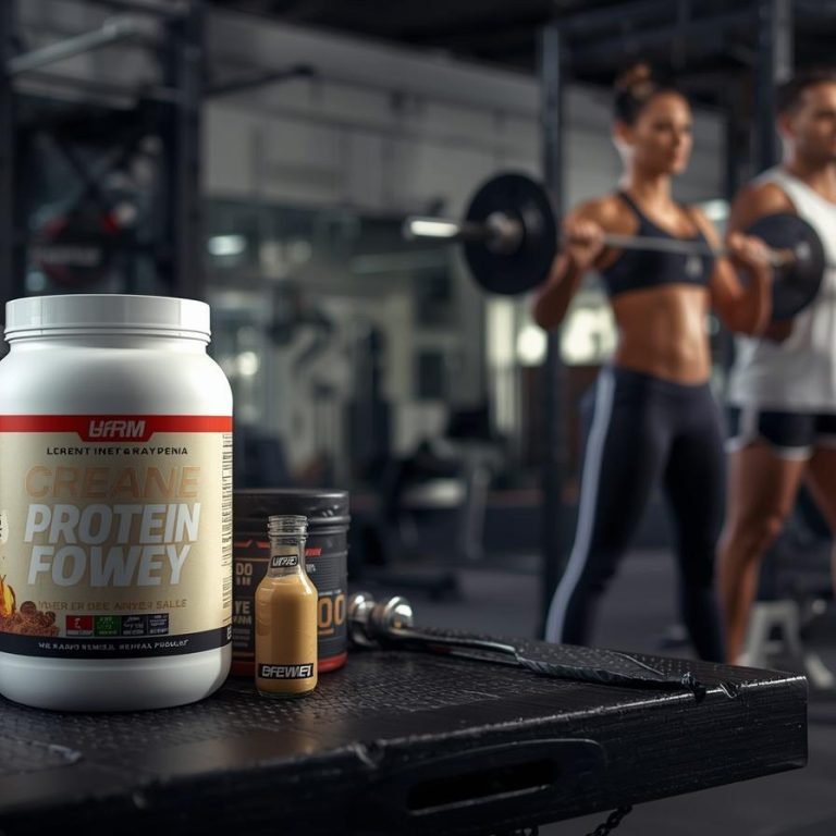 un bote de proteina, otro de creatina y una pareja haciendo ejercicio de fuerza en el gym