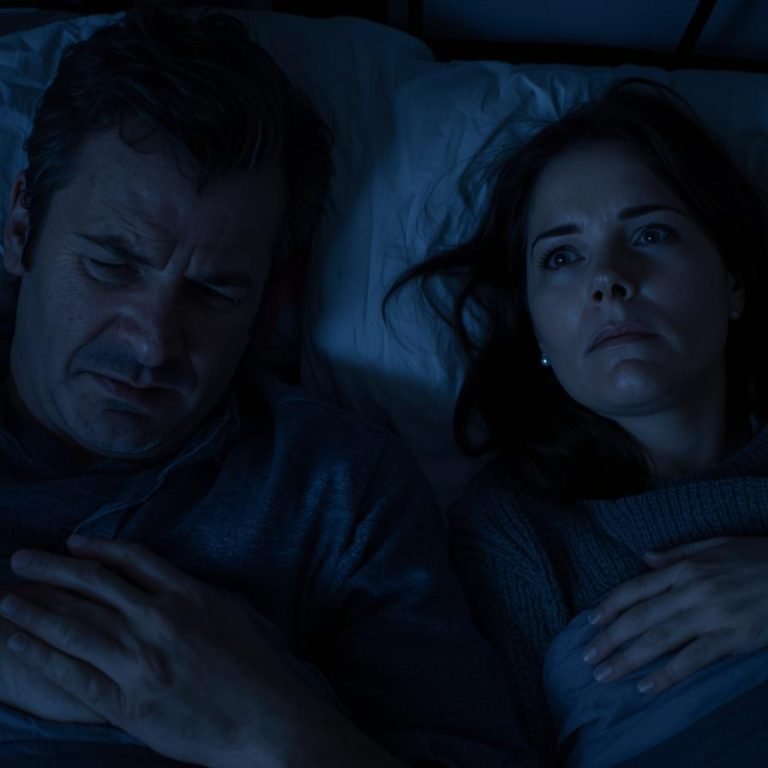 un hombre 45 y una mujer de 40 dando vueltas en la cama sin poder dormir a media noche