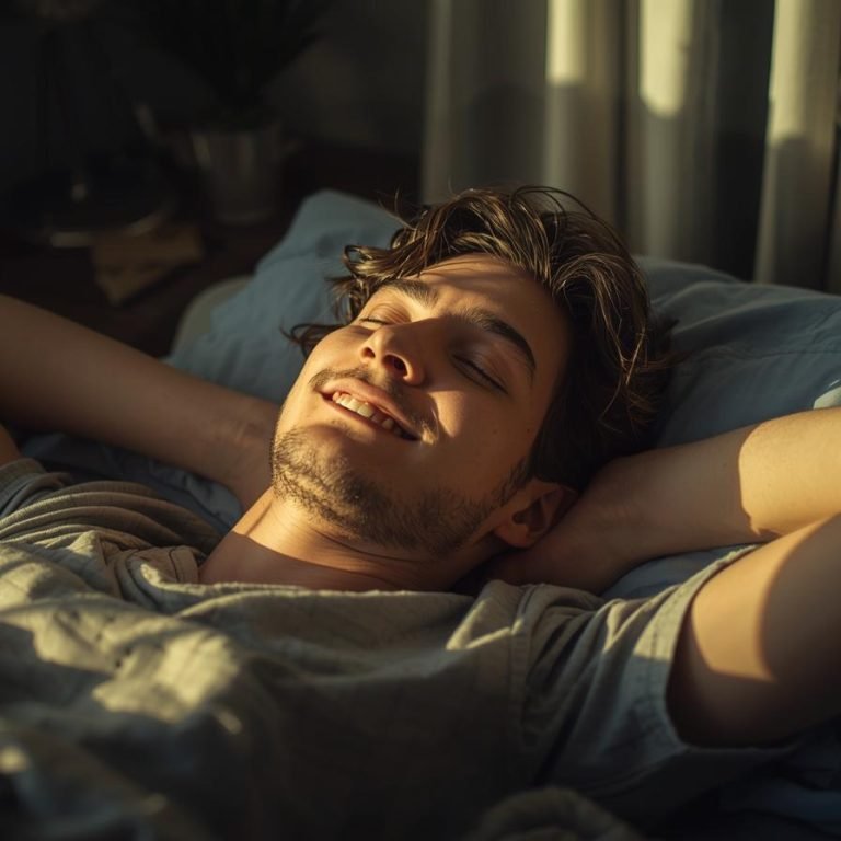 un hombre al despertar en la cama contento y feliz