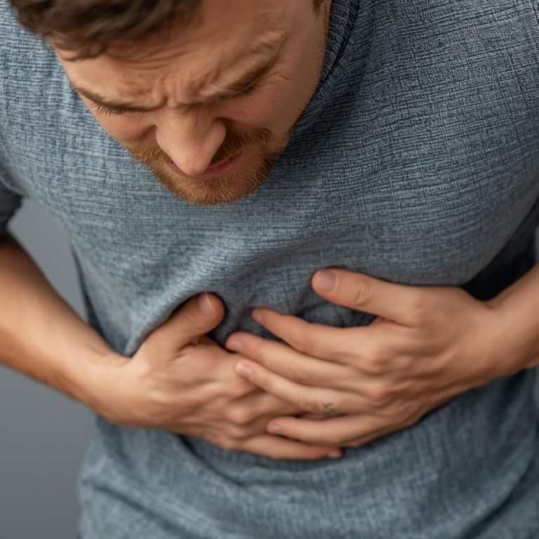 un hombre comiendo rico y siente acidez estomacal y se toca el estomago con cara de dolor