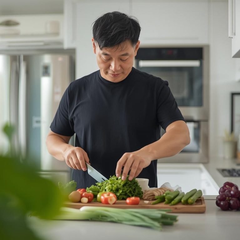 un hombre comiendo verduras y proteína en la cocina de su casa