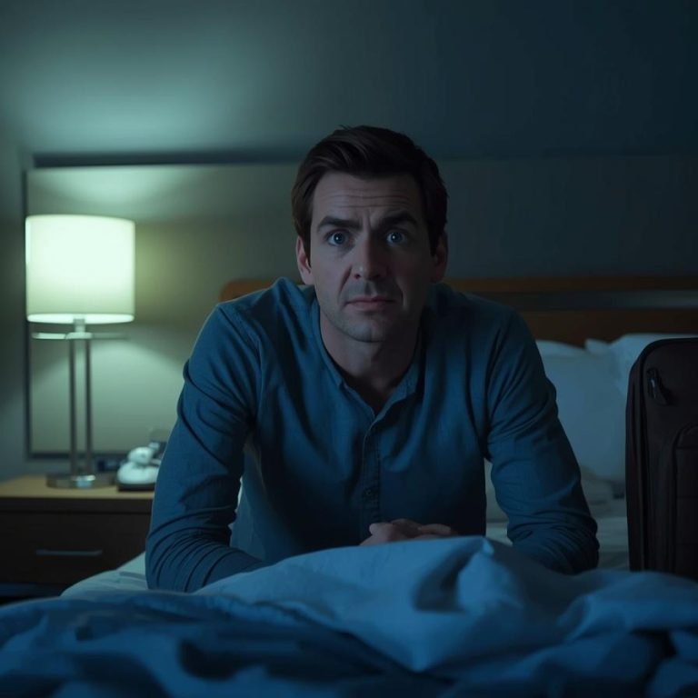 un hombre con insomnio en una habitacion de un hotel a lado su maleta