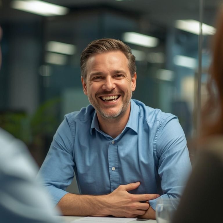 un hombre de 48 años después de las 3 pm en su trabajo en una junta se ve con energía y alegre