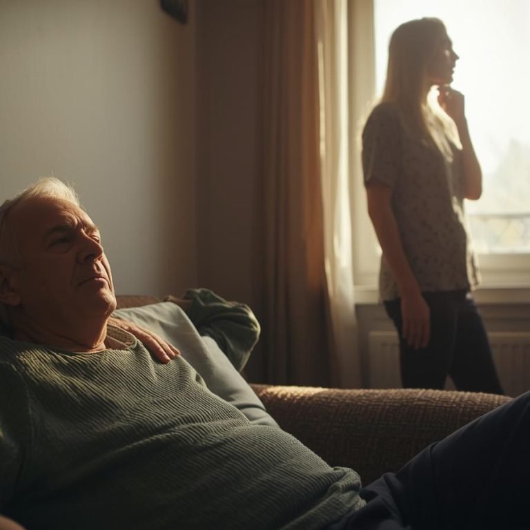 un hombre de 50 años distraído sentado en su sofá y una mujer de 50 años en la ventana distraída viendo hacia fuera