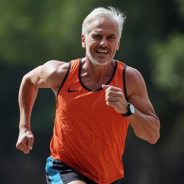 un hombre de48 años saludable fuerte y haciendo ejercicio en ropa deportiva o corriendo