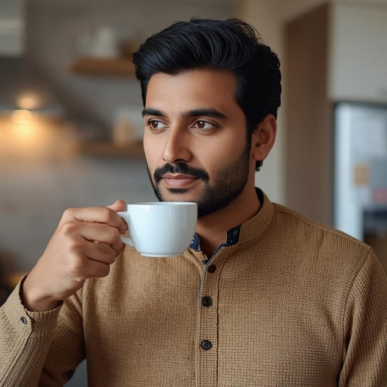un hombre el la cocina de su casa tomendo una taza de cafe o en una oficina con su cafe
