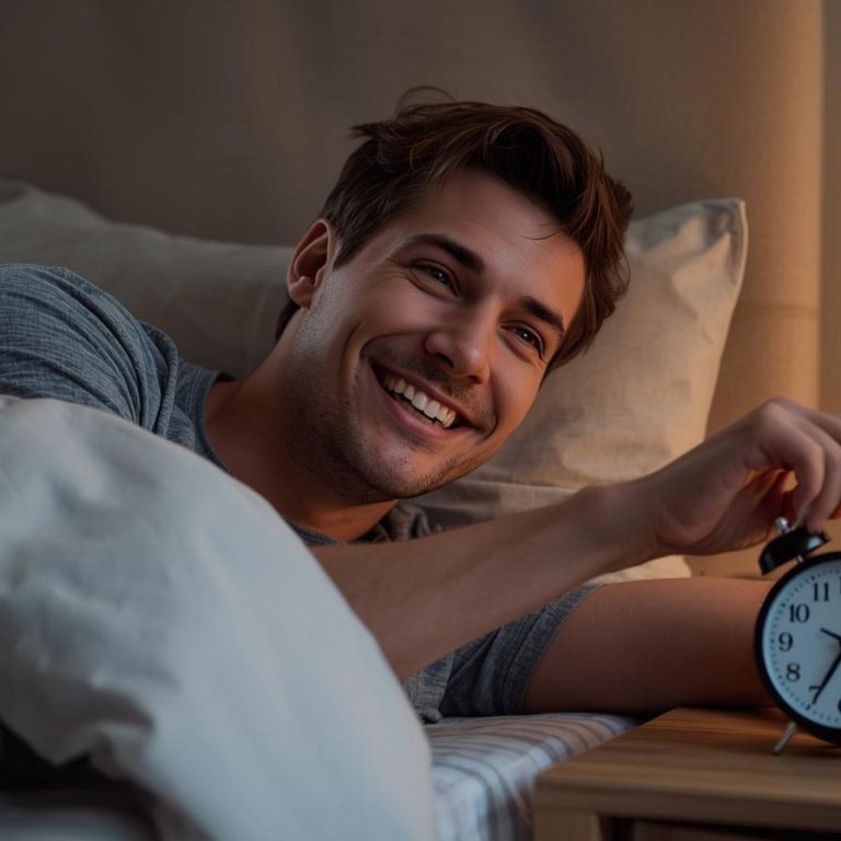 un hombre en su cama despierta a las 7 am y apaga el despertador feliz