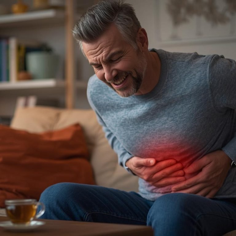 un hombre en sus 45 años en su casa con malestar estomacal