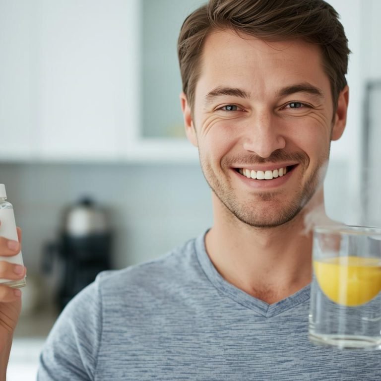 un hombre tomando agua con limon caliento y su bote de probioticos