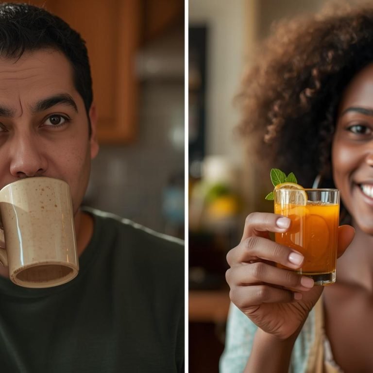 un hombre tomando un te jengibre y menta y una mujer tomando un shot de curcuma con naranja y limon en la cocina de su casa