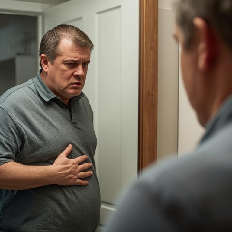 un hombre viéndose al espejo tocando su panza y frustraDO POR Q NO BAJA DE PESO