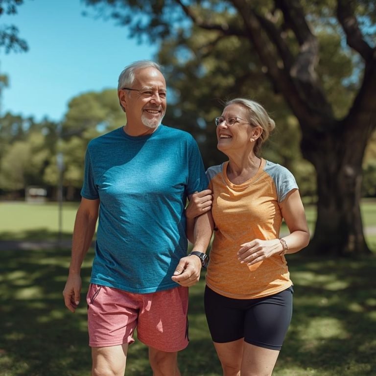 un hombre y una mujer de 55 años en forma física y mental con ropa deportiva en un parque