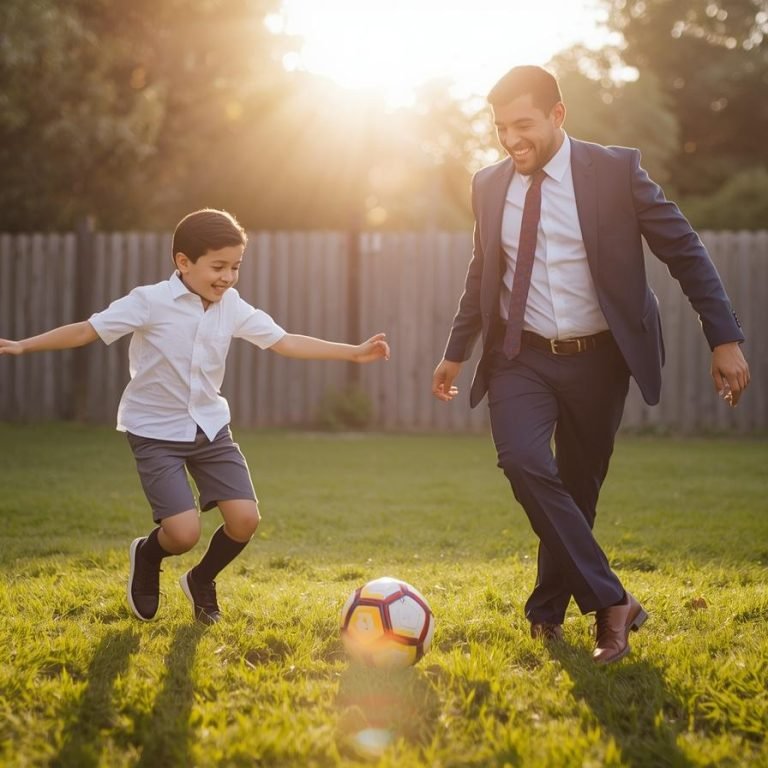 un papa con traje sastres jugando futbol con su hijo en el patio de su casa por la tarde