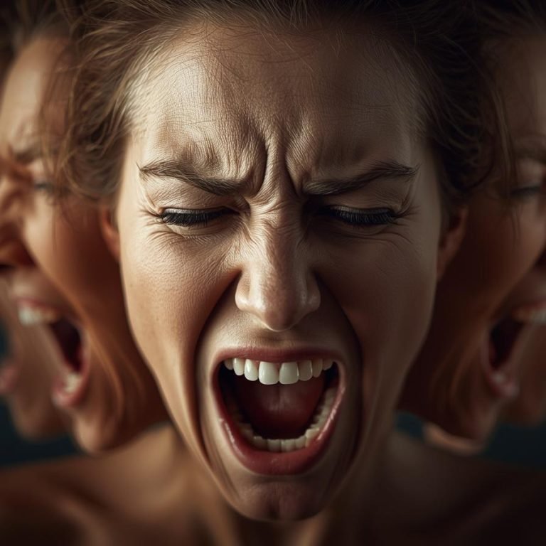 una MUJER sintiendo un sube y baja de emociones realista