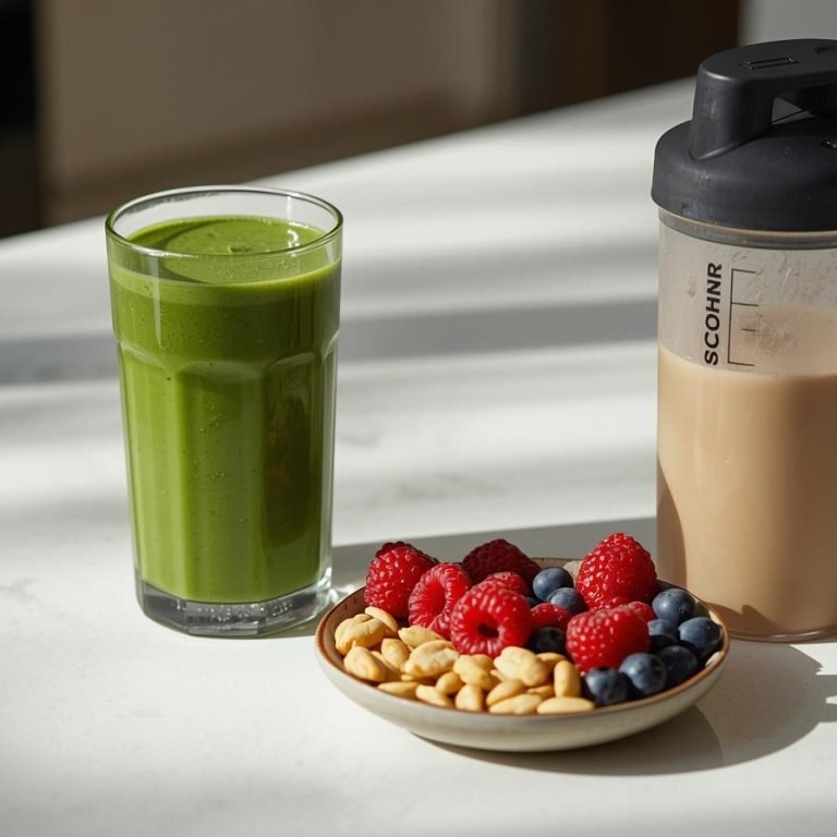 una barra de cocina con un batido verde, plato con antioxidantes y un licuado de proteina