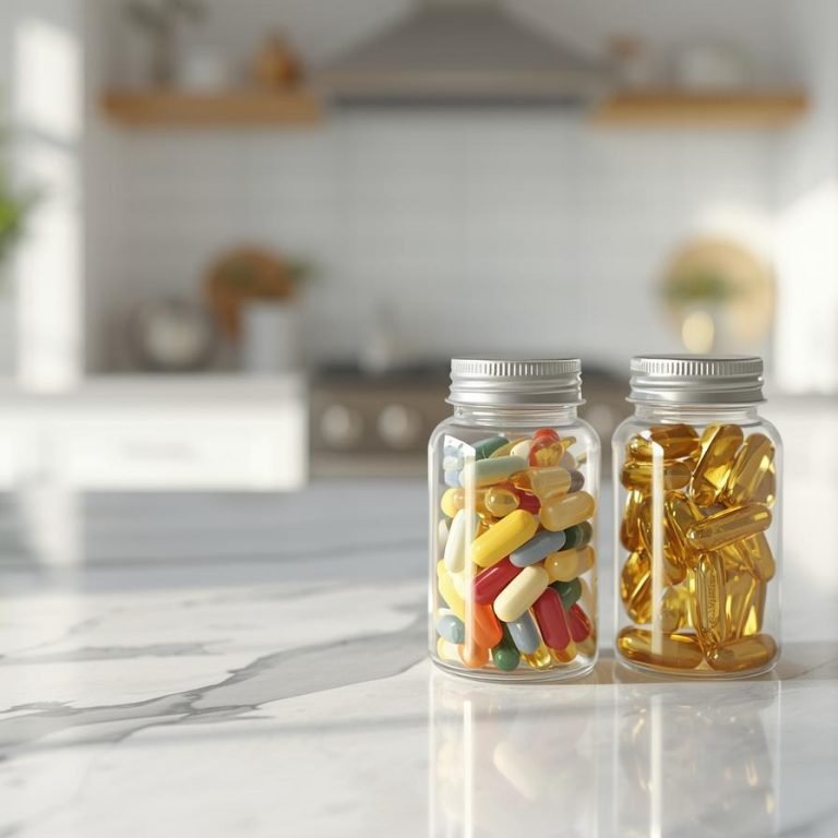 una cocina bonita con una isla de marmol encima dos frascos uno con multivitaminico y otro vitamina A la atención o el enfoque esta en los dos frascos