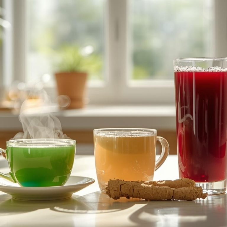una cocina iluminada llena de energia con una taza con te verde, a la ginseng y un vaso con jugo de betabel