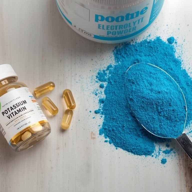 una imagen con vitaminas de potasio y otra con polvo de electrolitos en la mesa de una cocina