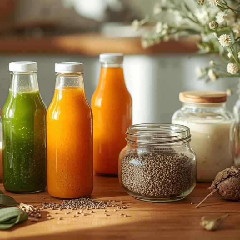 una mesa de cocina con una luz bonita y una decoracion con unos jugos detox con chia y algunos frascos con probioticos, cardio marino, diente de leon