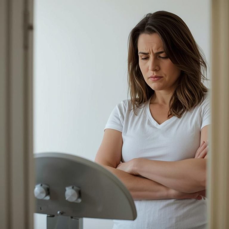 una mujer arriba de la bascula frustrada por que no ve resultados y no baja de peso