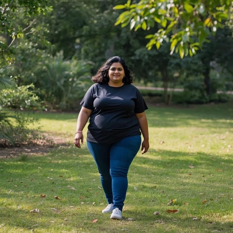 una mujer caminando en el parque con sobre peso